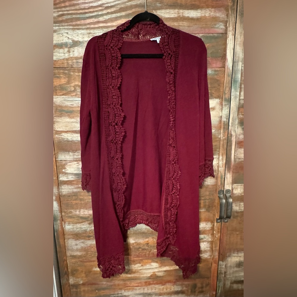 She + Sky burgundy lace trim cardigan